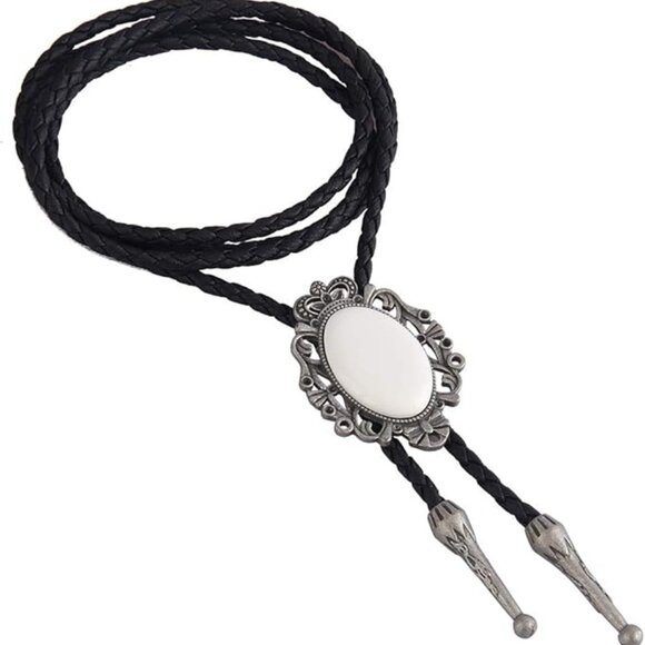 Men's Bolo Tie Cowboy Necklace Leather Necktie Western White Turquoise - Picture 1 of 7